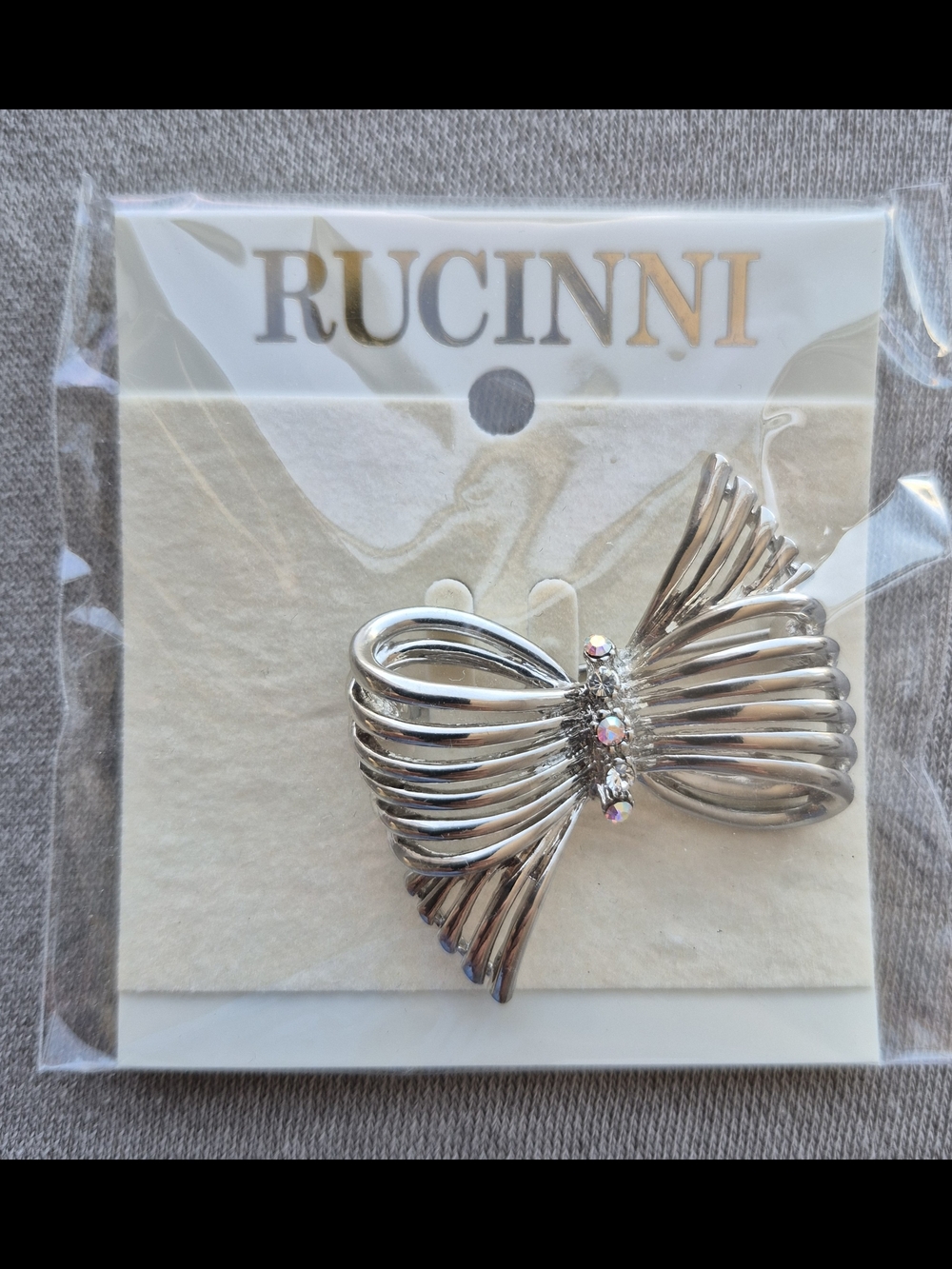Rucinni Silver Bow Brooch with Crystal Accents